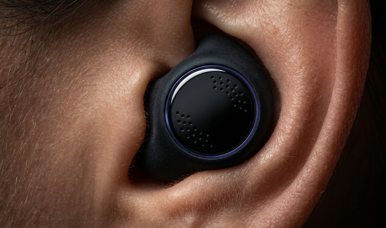 AEON custom-fit earbud perfectly nested in the human ear